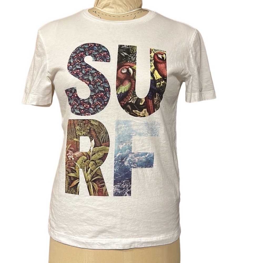 Z by 1-MILE Tropical “SURF” T-shirt White Coastal Casual Athleisure Floral S/M‎